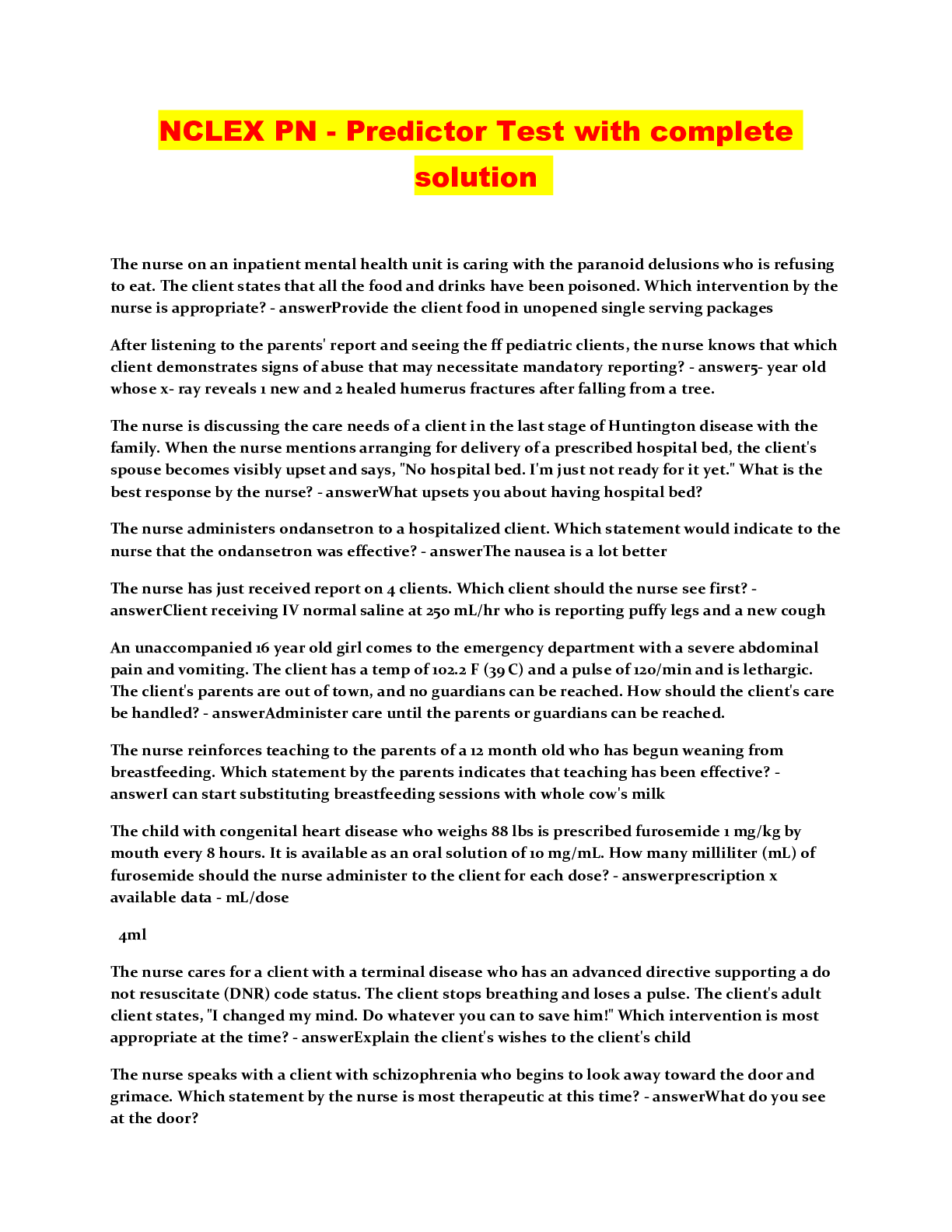 Preview image of NCLEX PN - Predictor Test with complete solution document